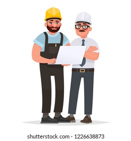 Two men industrial engineers in helmets discussing a project using a laptop. Work in production. Vector illustration in cartoon style