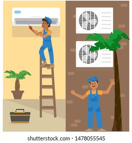 Two men install or repair an air conditioner or split system, indoors and outdoors. Vector picture in the styles of the flat