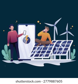 Two men interact with a giant smartphone while solar panels and wind turbines generate energy nearby