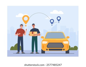 Two men interacting, one holding a package, with a car and location markers in the background. Flat style, urban setting. Concept of delivery service. Vector illustration