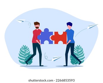Two men jigsaw puzzles. Working together to solve problems. Teamwork concept. vector