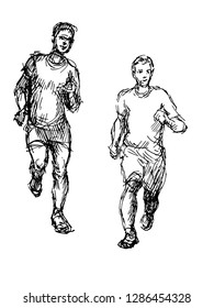 two men jogging or running,hand drawn sketch