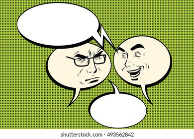 Two men joyful and angry. Comic bubble smiley face, pop art retro vector illustration. Human emotions