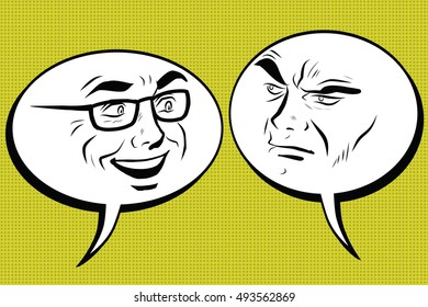 Two men joyful and angry. Comic bubble smiley face, pop art retro vector illustration. Human emotions