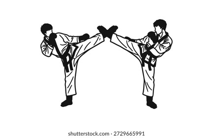 Zwei Männer in Karate-Uniformen treten einander in der Luft