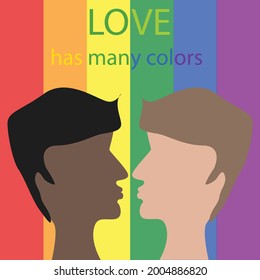 Dos hombres besándose frente a la bandera del tipo. Texto: El amor tiene muchos colores