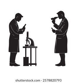 Two men in lab coats are looking at a microscope