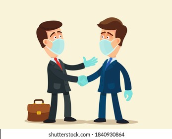 Two men with latex gloves on hands and medical masks on their faces shake hands and greet. Virus protection at work in the office. Vector illustration, flat design, cartoon style, isolated.