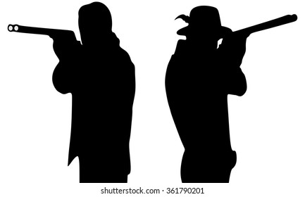two men in leather jackets holding a rifle