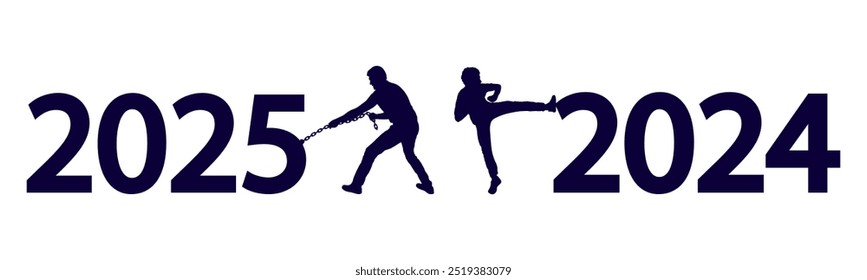 Two men leaving year 2024 behind and entering 2025, silhouette. Vector illustration