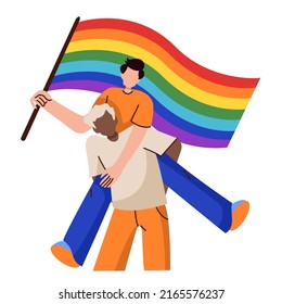 Two men with lgbt flag. Lgbtq symbol. Pride month Vector illustration in cartoon style on isolated background.