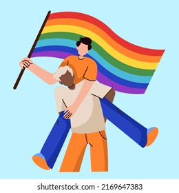 Two men with lgbt flag. Lgbtq symbol. Pride month Vector illustration in cartoon style on isolated background.