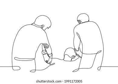 two men lift the fallen man by the hands - one line drawing. concept of ambulance, care, support, help to climb, nurses raise the patient
