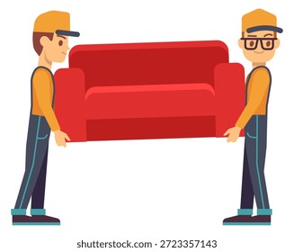 Dois homens estão levantando um sofá vermelho