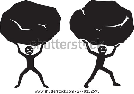 Two men lifting rocks icon, strong, struggle.