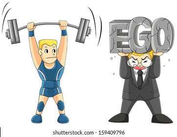 Two men are lifting some weight, one is a weightlifting but another office or businessman or boss manager is carrying his EGO. (cartoon vector)