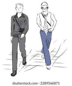 two men like models are walking and posing like street models in trendy clothes