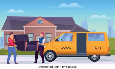 Two men loading a chair into a cargo taxi flat vector illustration