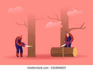 Two Men Loggers Sawing Logs and Trees in Forest. Wood Industry Workers with Saw in Hands Working. Lumberjacks Cut Timberwood, Woodcutter Occupation, Profession Job. Cartoon Flat Vector Illustration