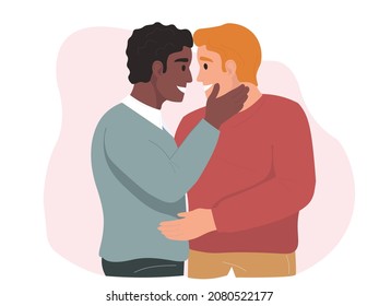 Two men look at each other with love, they want to kiss. Gay couple hugging. The concept of tolerance, equality of homosexual relations. Vector graphics.