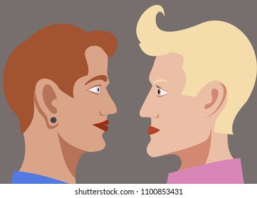 two men look into each other's eyes, same-sex couple