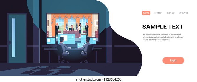 two men looking at monitors behind glass president sitting workplace signing low act document white house dark office interior surveillance security system copy space horizontal