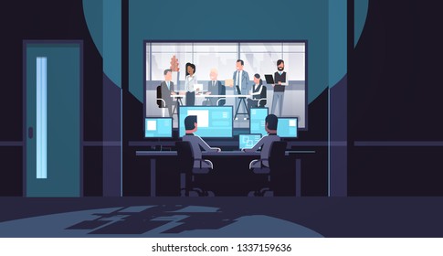 two men looking at monitors behind glass mix race business people team brainstorming meeting conference dark office interior surveillance security system flat horizontal