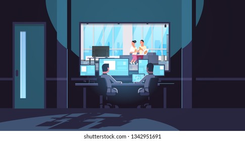 Two Men Looking At Monitors Behind Glass Couple Eating Pizza Man Woman Watching Tv Relaxing On Couch Dark Office Interior Surveillance Security System Flat Horizontal