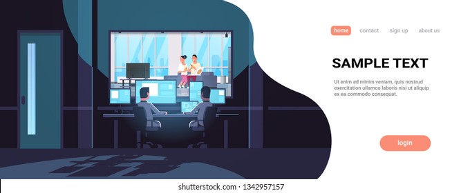 Two Men Looking At Monitors Behind Glass Couple Eating Pizza Man Woman Watching Tv Relaxing On Couch Dark Office Interior Surveillance Security System Flat Horizontal Vector Illustration