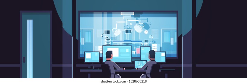 Two Men Looking At Monitors Sitting Behind Glass Window Hospital Operating Table Medical Surgery Room Dark Office Interior Surveillance Security System Flat Horizontal Banner