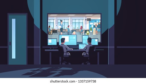 two men looking at monitors sitting behind glass window teacher with pupils studying in school classroom dark office interior surveillance security system flat horizontal