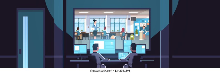 two men looking at monitors sitting behind glass window teacher with pupils studying in school classroom dark office interior surveillance security system flat horizontal banner