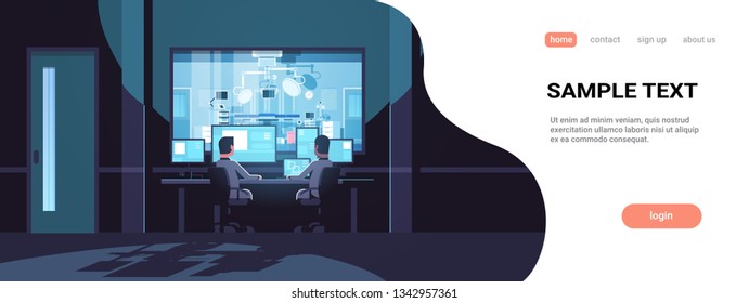 Two Men Looking At Monitors Sitting Behind Glass Window Hospital Operating Table Medical Surgery Room Dark Office Interior Surveillance Security System Flat Horizontal Copy Space