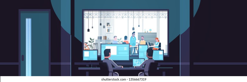 two men looking at monitors sitting behind glass window people working in co-working open space office center dark room interior surveillance security system flat horizontal