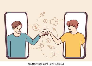 Two men looking out of screens mobile phones greet each other with fists talking at distance. Metaphor of messaging in social networks and internet messengers in smartphone. Flat vector image