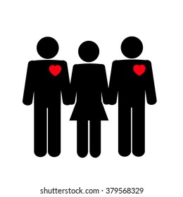 two men in love with the same woman, the icon with painted silhouettes of people. vector illustration. social phenomena. people icon