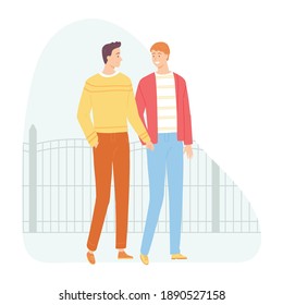 Dos hombres enamorados caminan. La pareja del mismo sexo. Ilustración del vector en estilo plano dibujado a mano