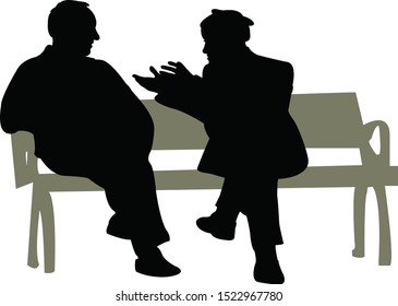 Two Men Making Chat On Bench, Silhouette Vector