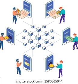 Two men making transaction with smart contract on blockchain system. Get payd. Get package. 
