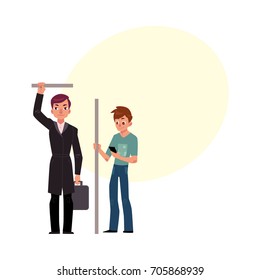 Two men, male passengers in subway - businessman and student with smartphone, cartoon vector illustration with space for text.