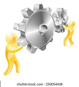 Two men or mascot figures with giant machine cogs or gears