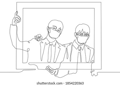 two men in mask in business suits hold a large picture in which they pose for a photo. one line drawing concept of business success, showing attractiveness and confidence