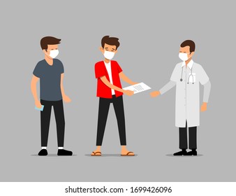 Two men with mask see a doctor, vector illustration