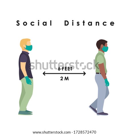 Two men in masks and gloves stand at a safe distance of 2 meters or 6 feet. flat vector illustration