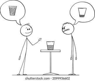 Two men are meaning if the glass with water is half full or half empty, vector cartoon stick figure or character illustration.