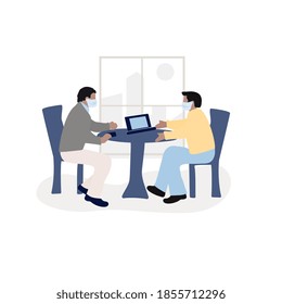 Two men in medical masks sit at a conference table with a laptop. Business, Consulting, mortgage, insurance concept. COVID-19.
