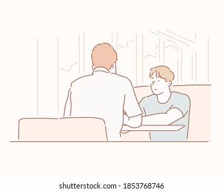 Two men meeting at a coffee shop. Hand drawn style vector design illustrations.