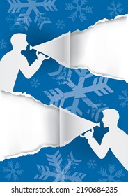 Two Men with megaphone tearing blue paper, Christmas banner template.
 Illustration of paper background with grunge stylized snowflakes and stylized male silhouettes.Template for original advertising