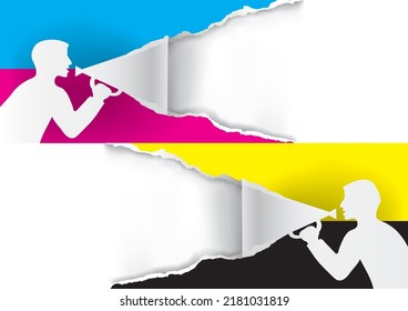 
Two Men with megaphone tearing paper with CMYK colors, promotion background.
Illustration of paper background with stylized male silhouettes. Concept for presenting color printing. Vector available.