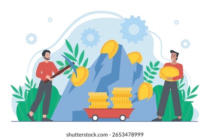 Dois homens explorando grandes moedas de ouro de uma montanha rochosa usando uma picareta, cercada por plantas e engrenagens em um fundo branco. Conceito de riqueza em moeda digital. Ilustração vetorial
